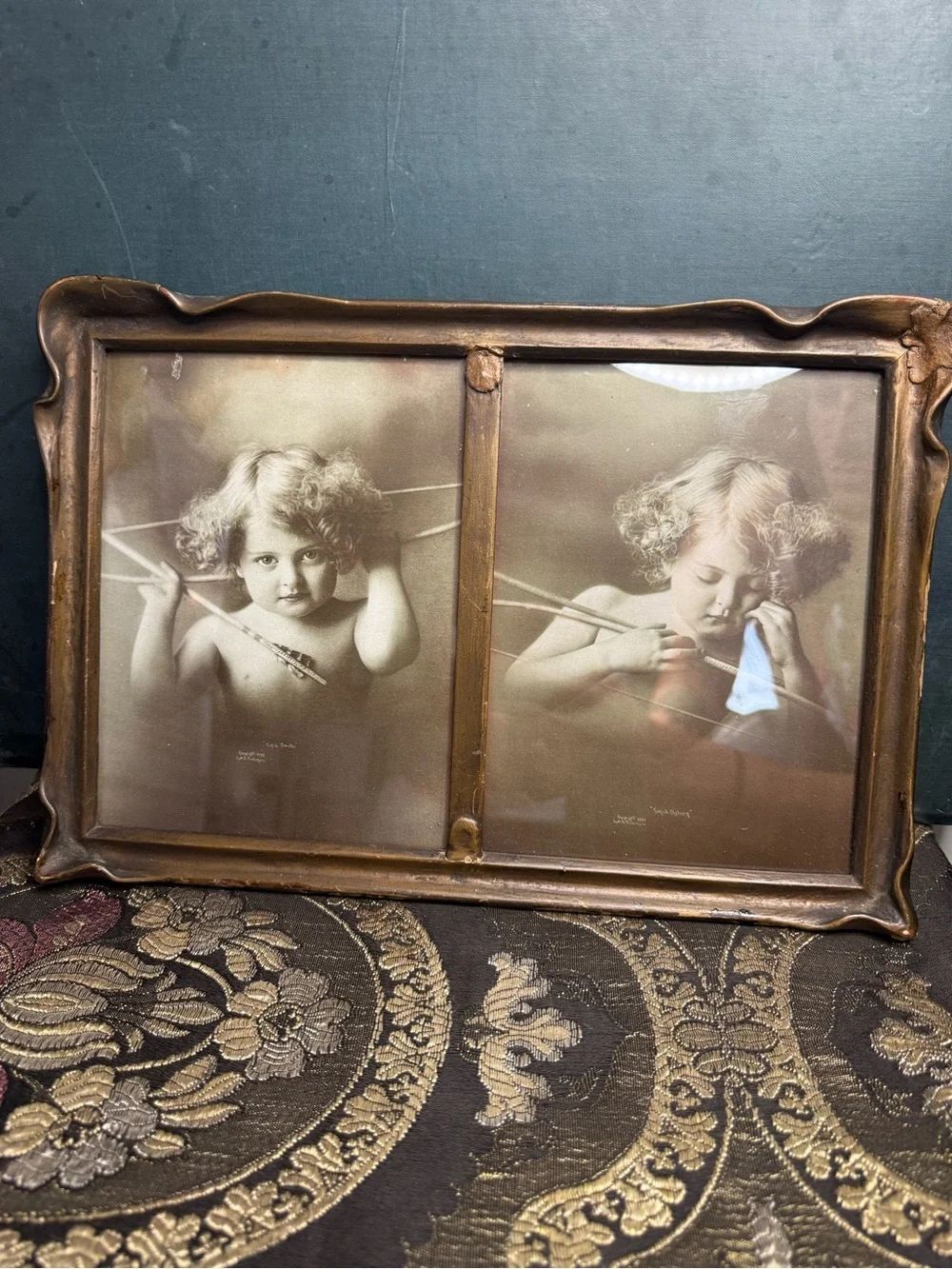 VTG Awake & Sleep Cupid Prints in Gold Tone Double Batwing Frame